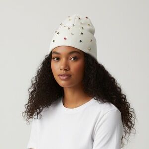 Custom Bedazzled White Unisex Beanie – Hand-Sewn Colorful Rhinestones
